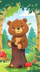 Wall Mural - Cute Cartoon Bear Sitting On A Tree Stump In The Forest