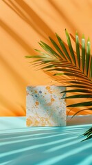 Canvas Print - Summer Minimalist Product Display With Palm Leaf and Abstract Shapes