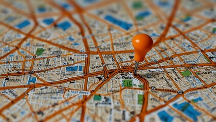 Vivid orange map pin on a detailed city map.