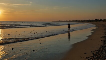 Wall Mural - Walking along the shoreline at sunset.