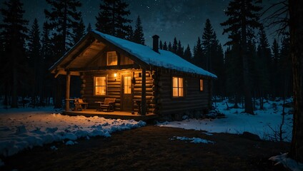 Canvas Print - Warm cabin glowing in the wilderness at night.