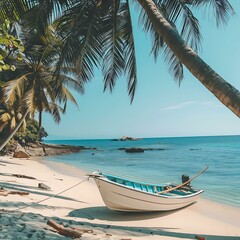 Palm Trees and Boat on Tropical Beach