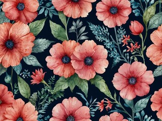 Poster - Watercolor seamless pattern of pink and blue flowers.