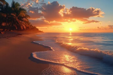 serene coastal panorama at golden hour sun dipping below horizon sky ablaze with warm hues gentle waves lapping at sandy shore silhouetted palm trees