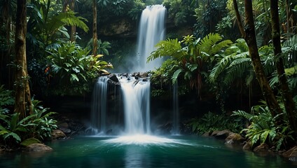 Poster - Waterfall in a rainforest depicted in an artful painting style.