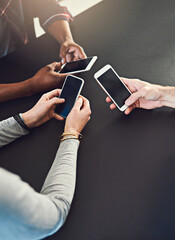 Wall Mural - cellphone screen, hands and people networking in circle for information, notification and online com