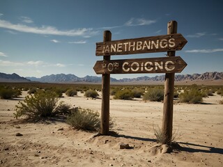 Poster - Weathered wooden sign in a desert landscape.