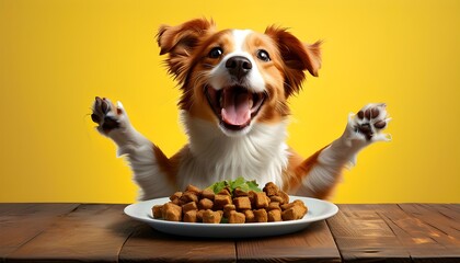 Wall Mural - joyful dog eagerly anticipating food against a vibrant yellow backdrop