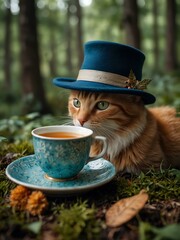 Wall Mural - Whimsical cat in a hat enjoying tea in a magical forest.