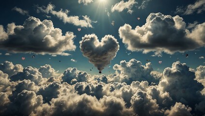 Poster - Whimsical scene with fluffy clouds and a floating heart.