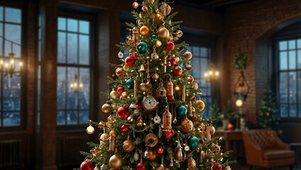 Wall Mural - Whimsical Steampunk Christmas tree blending industrial charm and retro-futurism.