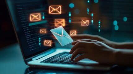 a person typing on a laptop with glowing email icons representing digital communication and messages