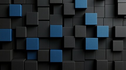3D black and blue cubes background, black background.