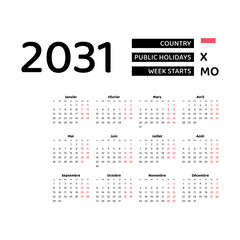 Wall Mural - Calendar 2031 French language with Monaco public holidays. Week starts from Monday. Graphic design vector illustration.