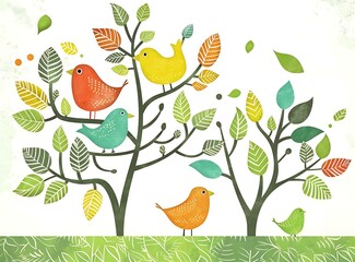 Sticker - Colorful Birds on Tree Branches with Green Leaves Illustration