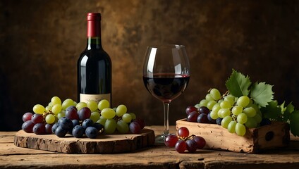 Wall Mural - Wine bottles, glasses, and grapes in a rustic setting.