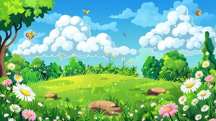 Wall Mural - Cartoon Summer Landscape With Flowers And Butterflies