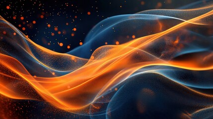 Wall Mural - abstract orange and blue waves with glowing particles on dark background.