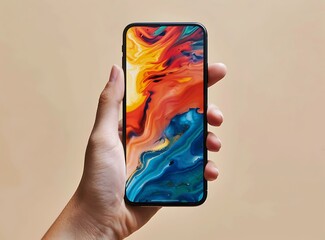 Poster - Hand Holding Smartphone With Abstract Art Wallpaper