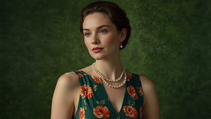 Wall Mural - Woman in a floral dress and pearl necklace against a green backdrop.