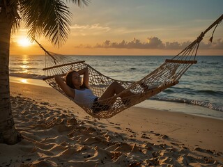 Wall Mural - Woman relaxing in a hammock on a beach at sunset.