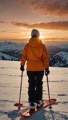 Sticker - Woman standing on a mountain at sunset with skis, orange sky behind her.