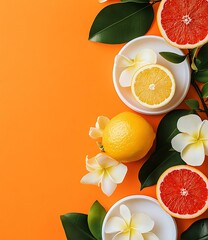 Poster - Summer Fruit Background With Orange, Grapefruit, Lemon And Flowers