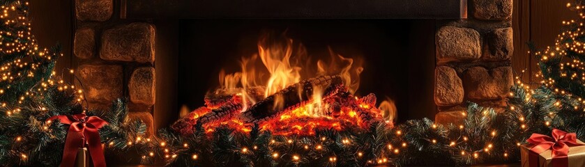 Wall Mural - A cozy fireplace adorned with festive decorations, glowing warmly with a cheerful fire, perfect for holiday ambiance.