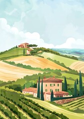 Sticker - Tuscan Landscape Illustration with Houses and Vineyards