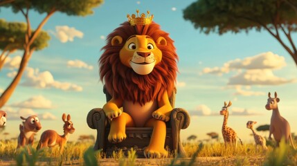 A 3D cartoon lion with a fluffy mane sitting on a throne in the savanna, wearing a crown and looking proudly at the other animals around it