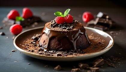 Wall Mural - Decadent Chocolate Puddings Set Against a Dark Background