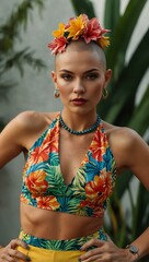 Wall Mural - Woman with a shaved head and tropical-themed outfit.