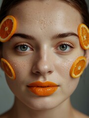 Wall Mural - Woman with orange slices on her face for skincare.