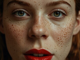 Wall Mural - Woman with red lipstick and freckles in close-up.