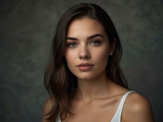 Wall Mural - Woman's beauty portrait highlighting clean skin, hair, and makeup in a studio setting.