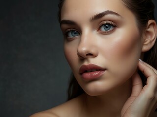 Wall Mural - Woman's beauty portrait highlighting clean skin, hair, and makeup in a studio setting.