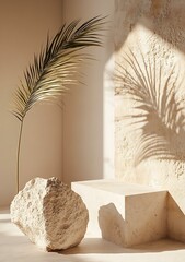 Poster - Minimalist Product Display with Stone and Palm Leaves