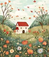 Sticker - Springtime Cottage Illustration With Flower Garden