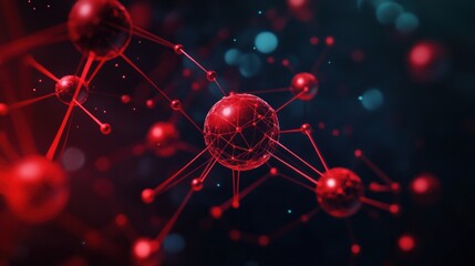 Poster - abstract red sphere with connecting lines and blurred background.