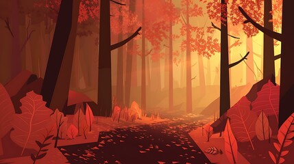 Sticker - Autumn Forest Path Illustration With Red Leaves