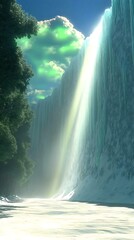 Wall Mural - Fantasy Landscape With Frozen Waterfall And Green Sky