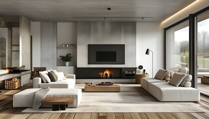 Wall Mural - minimalist modern living room design with rustic accents featuring a spacious layout, elegant furnishings, natural lighting, and eco-friendly elements for a stylish atmosphere