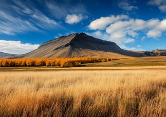 Golden Field Landscape with Mountain Background