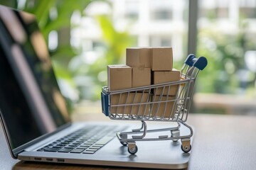 A miniature shopping cart with boxes inside stands on the table in front of an open laptop.