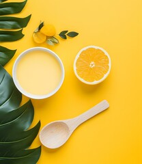 Poster - Lemon Juice with Leaves on Yellow Background