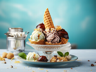 Wall Mural - Awesome melting ice cream isolated on soft blue background studio shoot closeup product photography