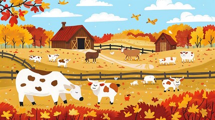 Sticker - Autumn Farm Illustration with Cows and Barn