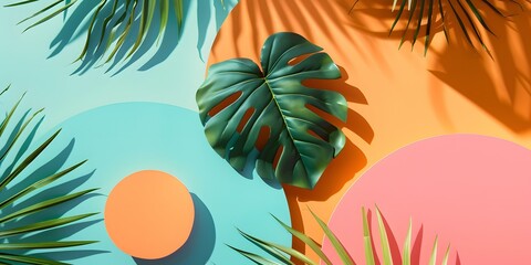 Poster - Tropical Leaf  Minimal Background with Colorful Circles and Shadows