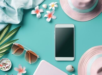 Wall Mural - Summer Flat Lay With Smartphone and Flowers