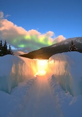 Wall Mural - Frozen Pathway Towards Sunset and the Northern Lights